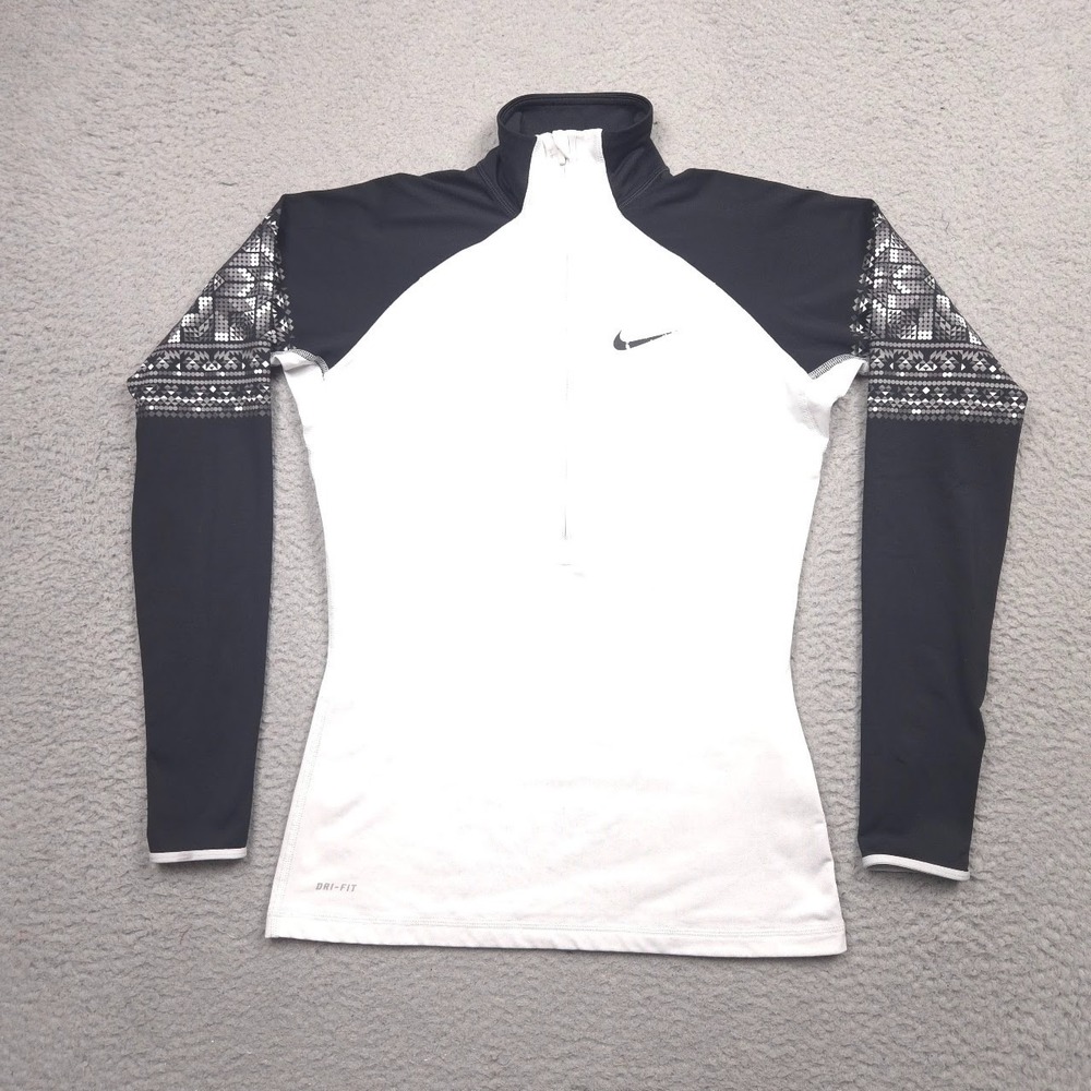 Nike Pro Dri-FIT Quarter Zip Pullover Women M Black White Geometric Thumbholes